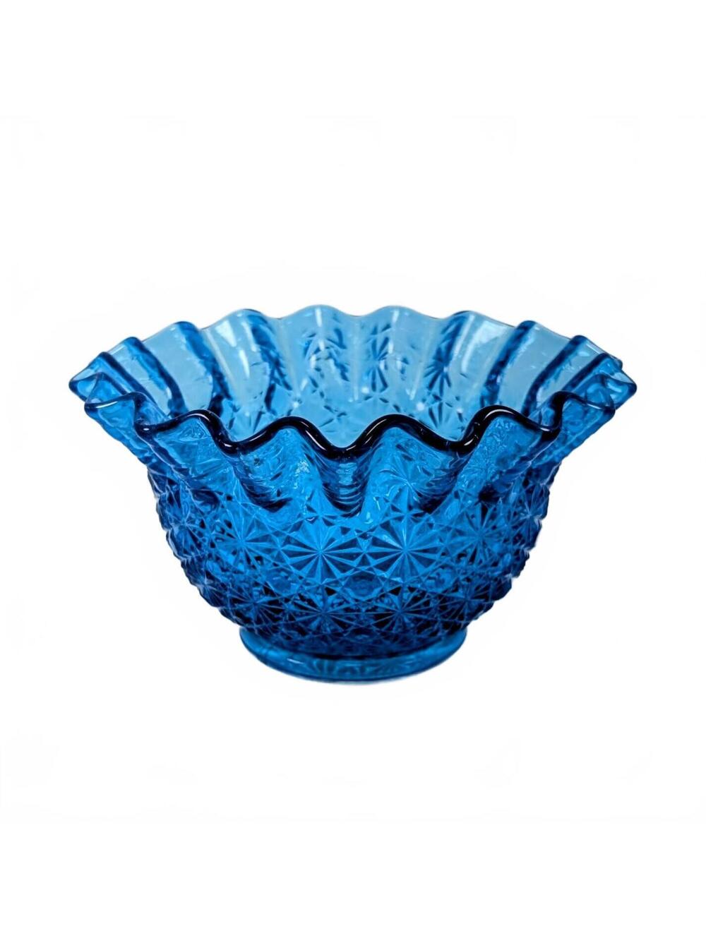Vtg L.E. Smith Blue Daisy & Button Ruffle Bowl